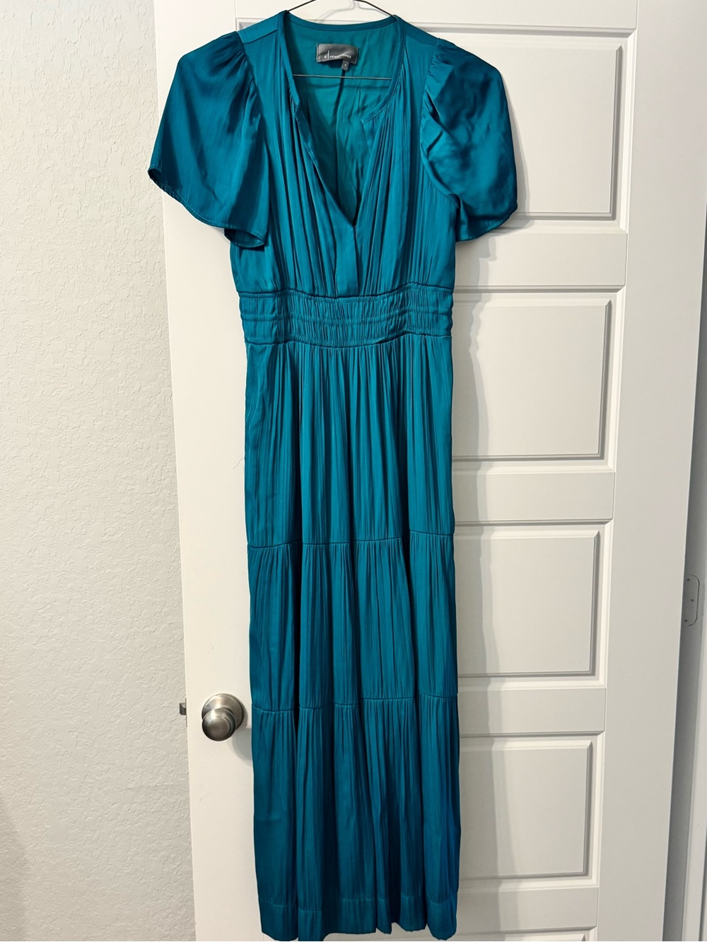 Anthropologie Teal V-Neck Short Sleeve Maxi Dress